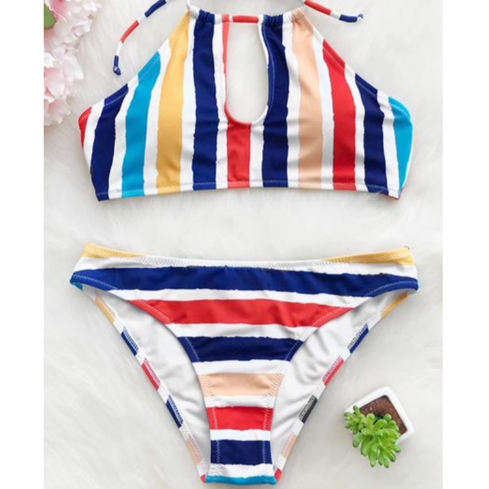 Cupshe | Candy Rainbow Striped Halter Bikini